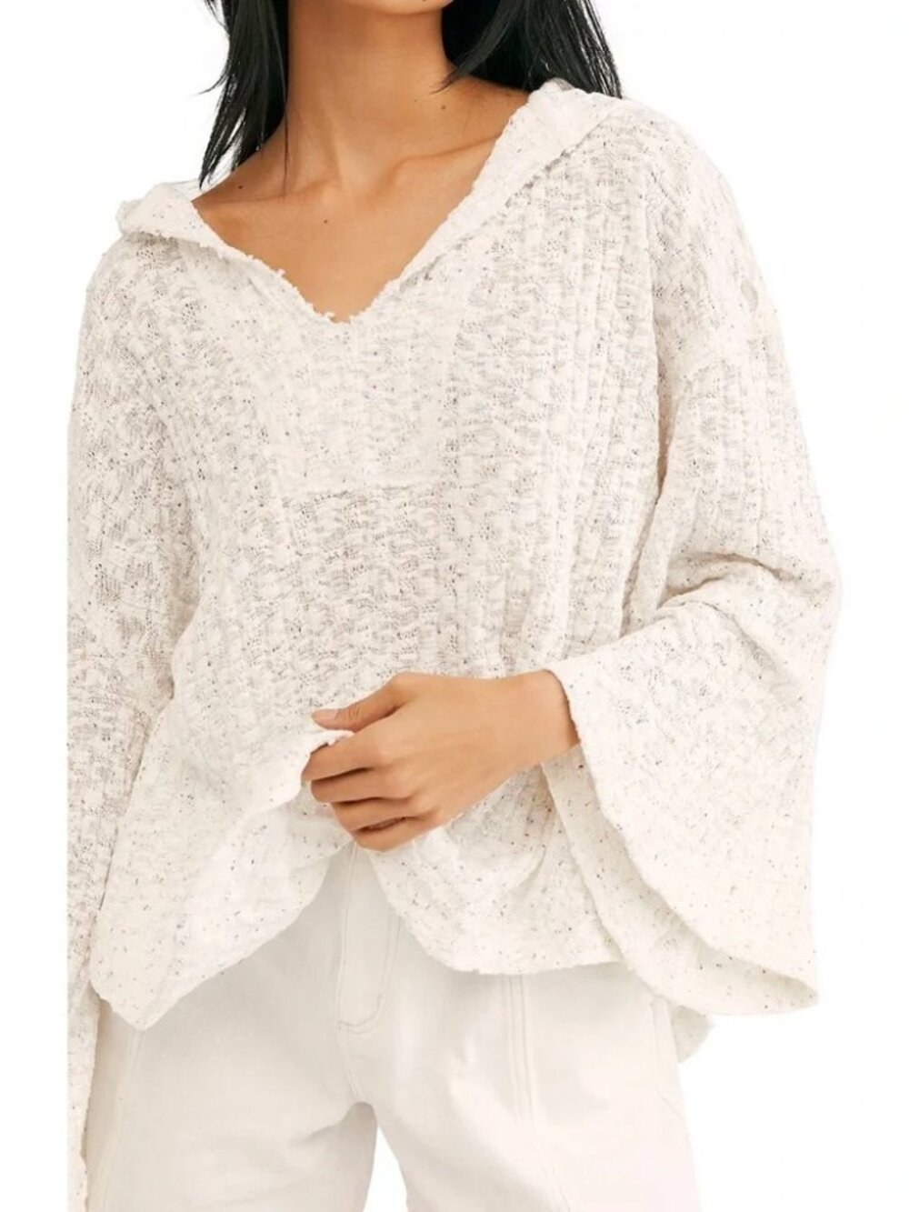 Free People Baja Babe Hacci Hooded Pullover White Multicolor Speckles Top xsmall